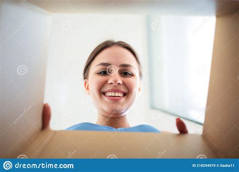 Cheerful Woman Looking Inside Box Stock Image Image Of Inspect Glad