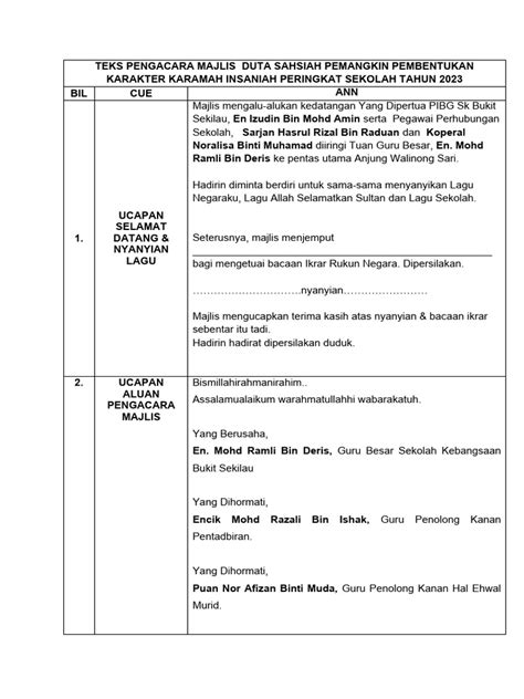 Teks Pengacara Majlis Pelancaran Duta Sahsiah 2023 Pdf