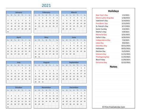 Download Printable 2021 Calendar with Holidays and Notes