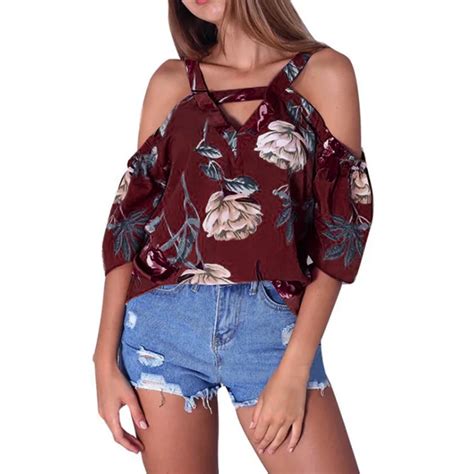 Women Floral Printed Blouses Sexy Cold Shoulder V Neck Summer Tops