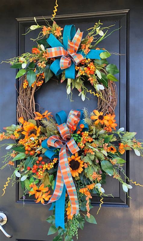 Vibrant Fall Wreath With Hydrangeas For Double Doors