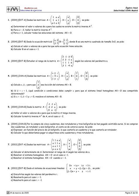 PDF Álgebra lineal Selectividad CCNN Madrid MasMates