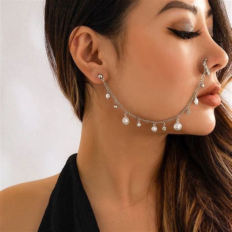 Bohemia Rhinestone Pearl Tassel No Piercing Nose To Ear Chain In