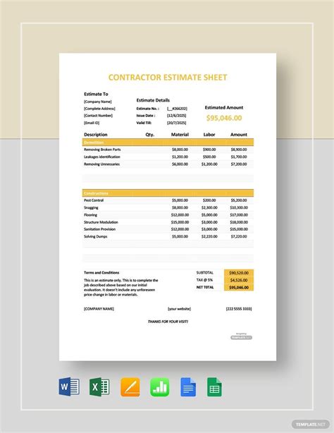 Contractor Estimate Sheet Template in Word, Excel, Google Docs, Google Sheets, Pages, Apple ...