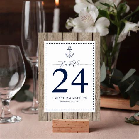 Nautical Navy Blue Anchor Rustic Wood Wedding Table Number Zazzle