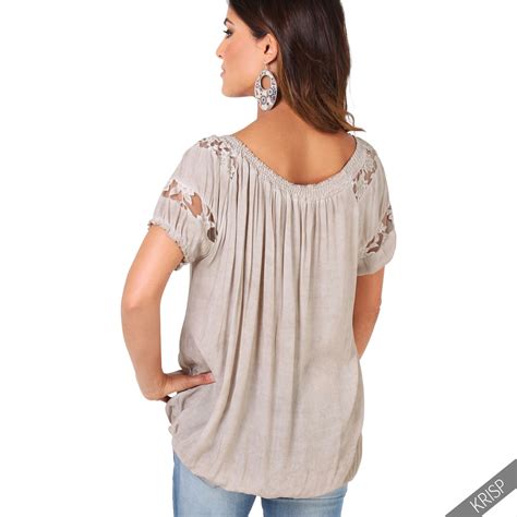 Womens Off Shoulder Mesh Neck Gypsy Blouse Baggy Boho Summer Top Loose