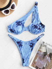 Zaful Tie Dye One Shoulder Underwire Tanga Bikini Swimwear In Blue