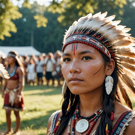 A Woman Wearing A Native American Headdress Stands In Front Of A Crowd