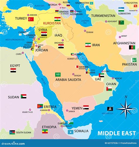 Mapa De Oriente Medio Con Las Fronteras Y Las Banderas Stock De