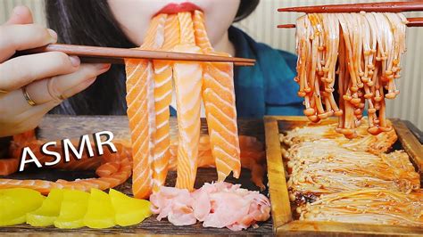 Asmr Eating Raw Salmon Noodles And Spicy Enoki Mushroom Eating Sound