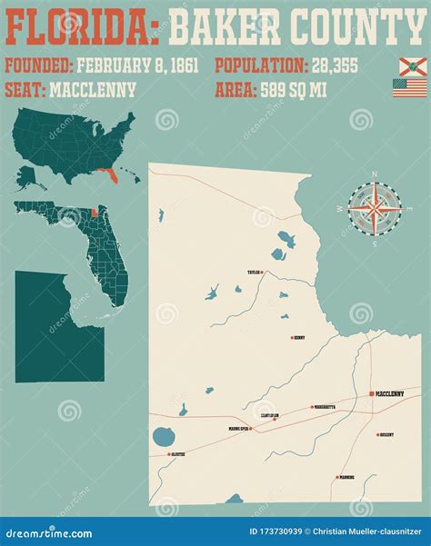 Map of Baker County in Florida Stock Vector - Illustration of cities ...