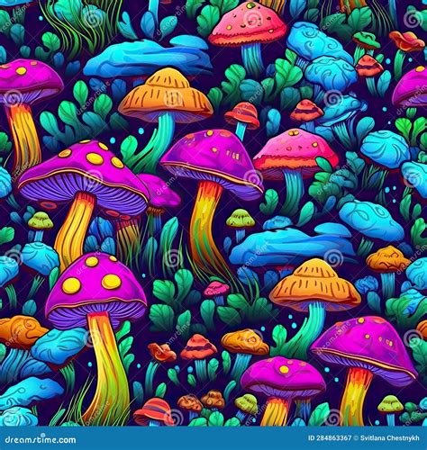 Colorful Mushrooms Illustration Bright Psychedelic Colors Seamless