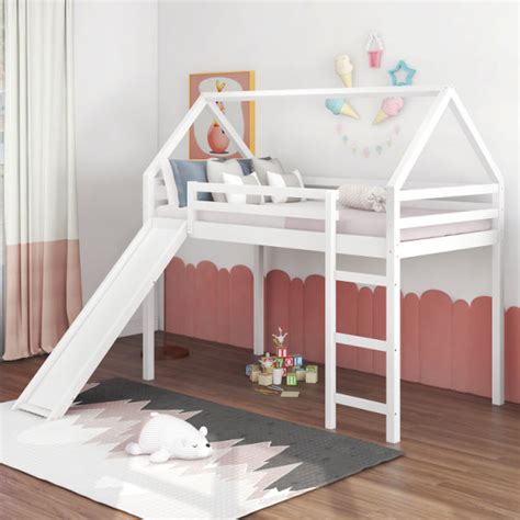 Dropship Twin Size Loft Bed With Slide; House Bed With Slide; White(OLD ...