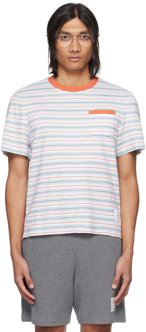 T shirt orange et bleu à rayures Thom Browne en solde