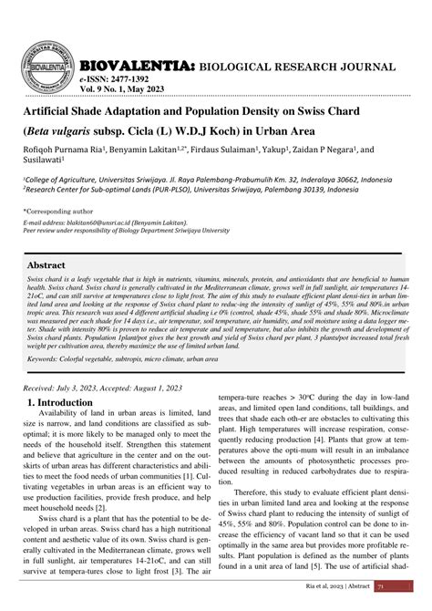 Pdf Artificial Shade Adaptation And Population Density On Swiss Chard