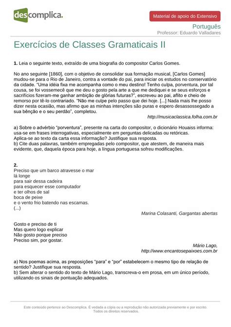 Pdf Exerc Cios De Classes Gramaticais Ii Portugu S Professor