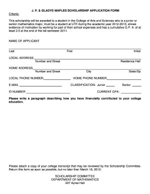 Fillable Online Math Utk J P Gladys Maples Scholarship Application