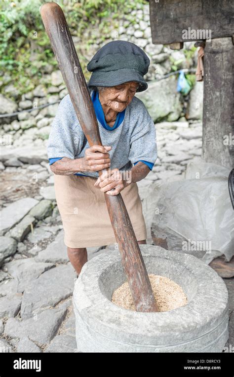 Woman Pounding Rice In A Rural Village Batad Luzon Philippines Stock