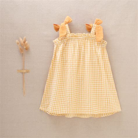 Vestido De Niña En Cuadros Cuadros Vichy Amarillo Mostaza Y Blanco