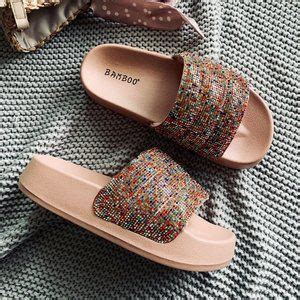 BAMBOO Shoes New Blush Nude Multicolor Rhinestone Flatplatform Slide Sandal Flip Flops