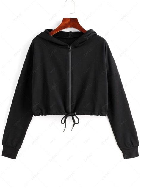 34 Off 2021 Drop Shoulder Zip Up Drawstring Crop Hoodie In Black Zaful