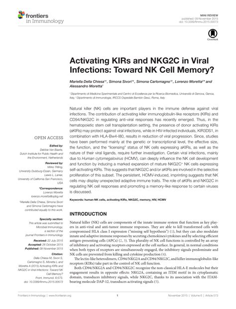 PDF Activating KIRs And NKG2C In Viral Infections Toward NK Cell Memory