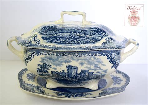 Blue And White Transferware Soup Tureen And Platter Roses Old Britain