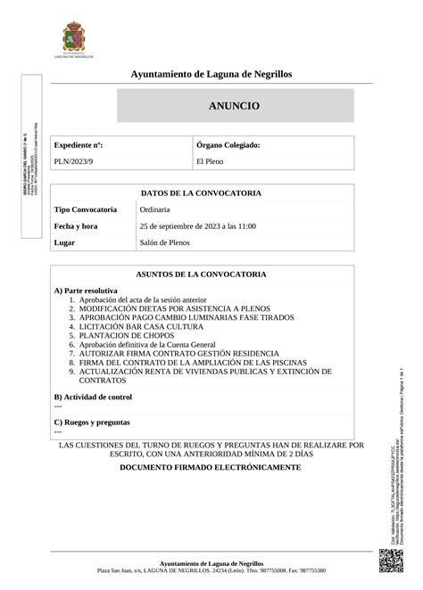 Convocatoria De Pleno Ordinario