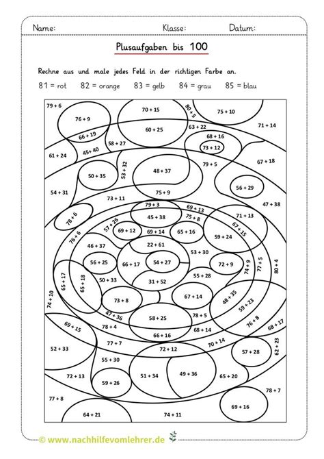 Kostenlos Rechnen und Ausmalen Addition bis 100 für den