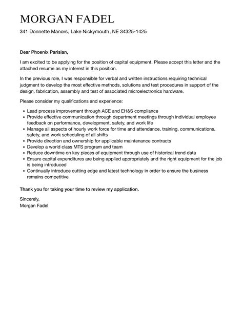 Capital Equipment Cover Letter | Velvet Jobs