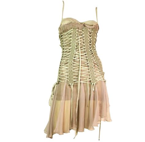 Iconic Dolce And Gabbana Lace Up Cage Leather And Silk Corset Dress At