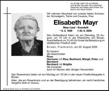 Traueranzeigen Von Elisabeth Mayr Trauer Bz