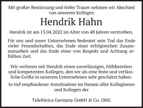 Traueranzeigen Von Hendrik Hahn Trauer Merkur De