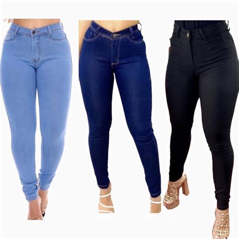 Kit 3 Calças Jeans Feminina Lisas Preta Clara e Escura Premium Modela