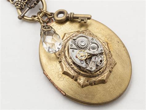 Steampunk Skeleton Key And Crystal Oval Locket With Silver Watch Movement