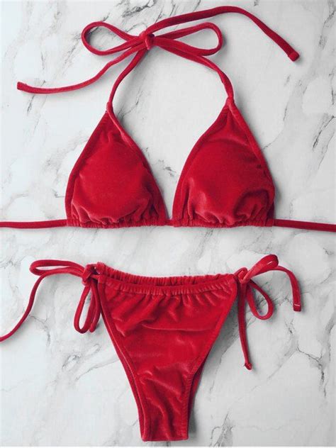 22 OFF 2021 Velvet String Bikini Swimwear In RED ZAFUL