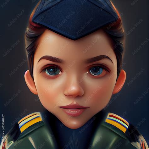 Young Woman Jet Fighter Pilot In Uniform And Helmet Cartoon Big Eyed Close Up Portrait