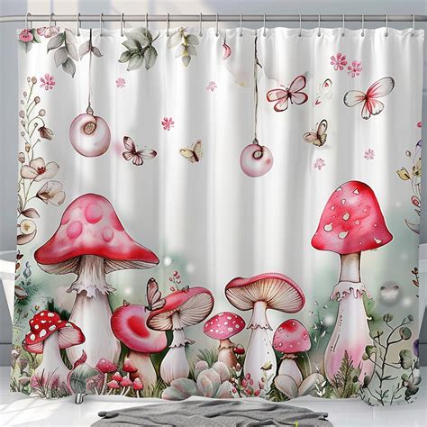 Hyper Realistic Mushroom Forest Shower Curtain Pink And Red Mushrooms