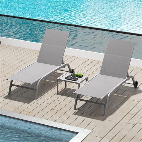 Runesay Grey Outdoor Lounge Chairs with Wheels 5 Adjustable Position Pool Lounge Chairs for ...