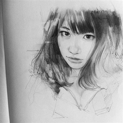 A Pencil Drawing Of A Woman S Face With Bangs And Bangs On Her Head