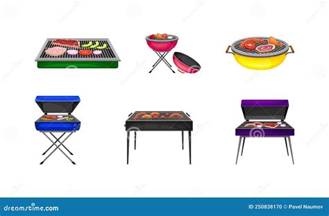 Set Of Different Types Barbecue Grills Charcoal Grilling Equipment