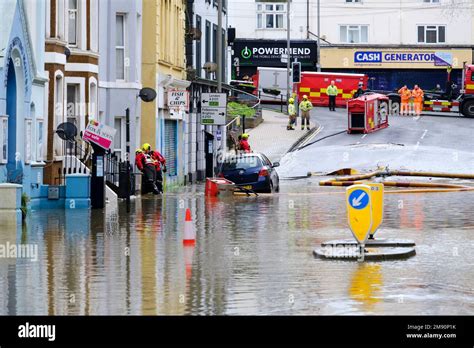 Hastings, East Sussex, 16 January 2023. Heavy rain and blocked storm ...