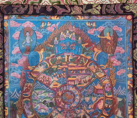 Tibetan Bhavacakra Thangka With Silk Brocade Mount. Buddhist Wheel of Life. 66x54 cm | Oriental ...