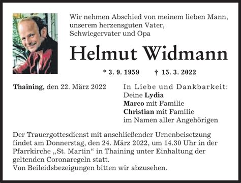 Traueranzeigen Von Helmut Widmann Augsburger Allgemeine Zeitung