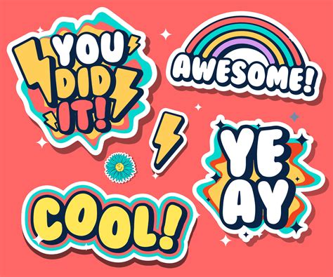 Word Sticker Pack Cute Colorful Fun Cartoon Icon Design Vector In