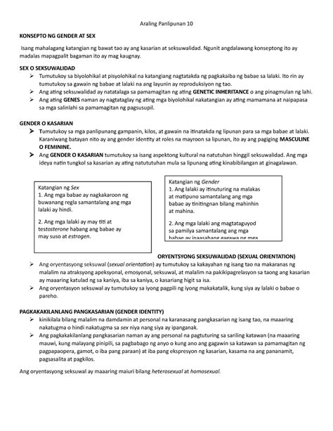 Ap10 3rd Gender Lecture Notes Araling Panlipunan 10 Konsepto Ng Gender At Sex Isang