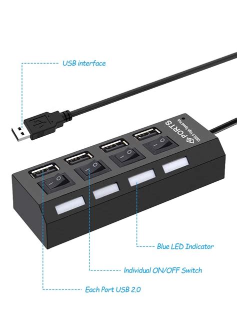 1pc 4 Ports LED USB Hub Splitter With Individual Switch USB 2 0 Adapter