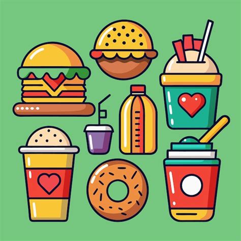 Colorful Cartoon Fast Food Icons With A Burger Donut Fries Coffee And