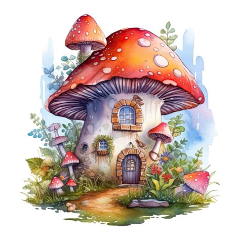 Watercolor Whimsical Mushroom House Fantasy Fairytale Illustration AI