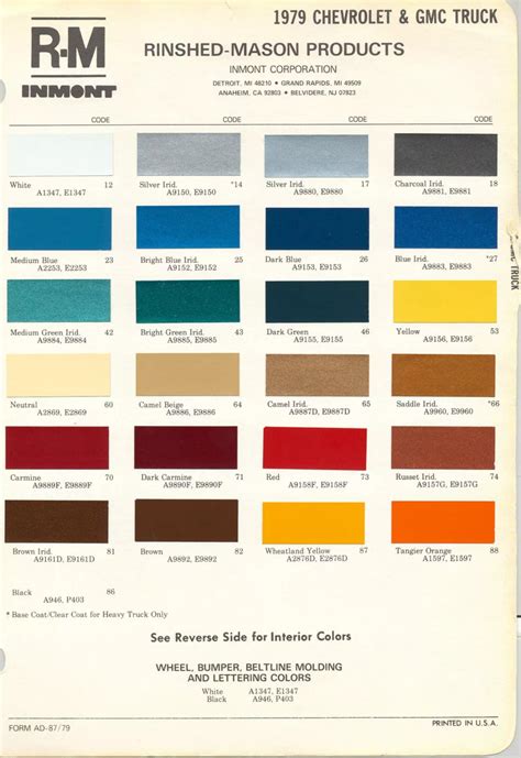 1970 To 1979 Gm Paint Codes And Color Charts